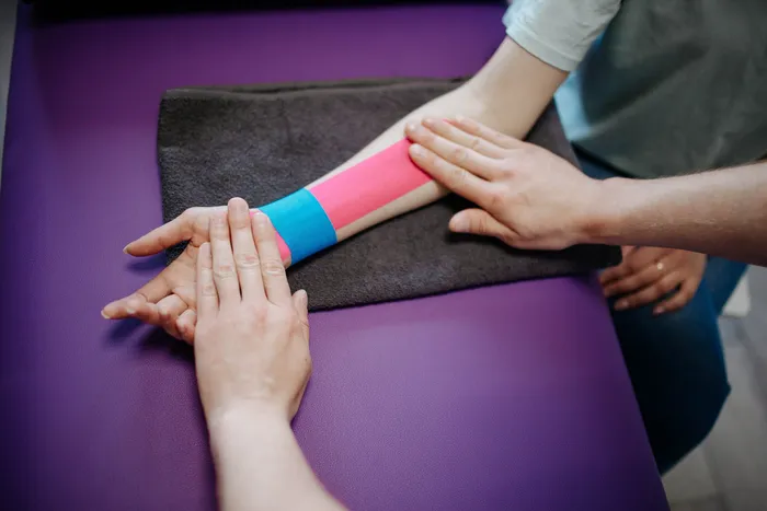 Pink and blue kinesiology tape on a forearm